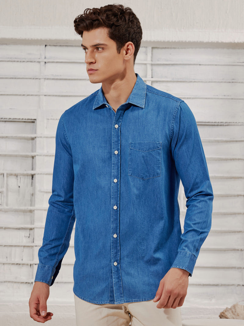 Blue Solid Denim Shirt