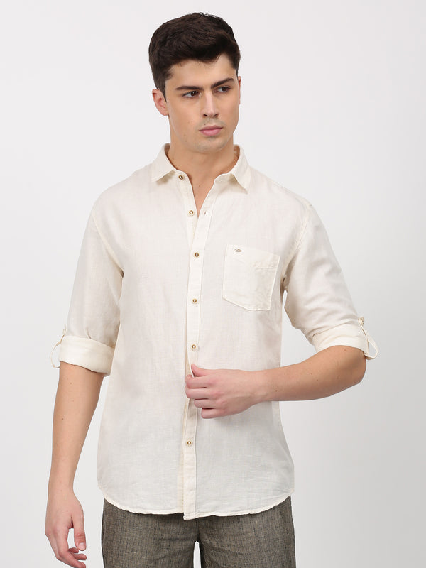 Cream Solid Long Sleeve Casual Shirt