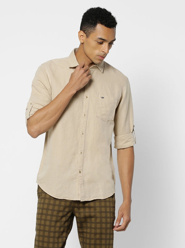 Khaki Linen Solid Casual Shirt