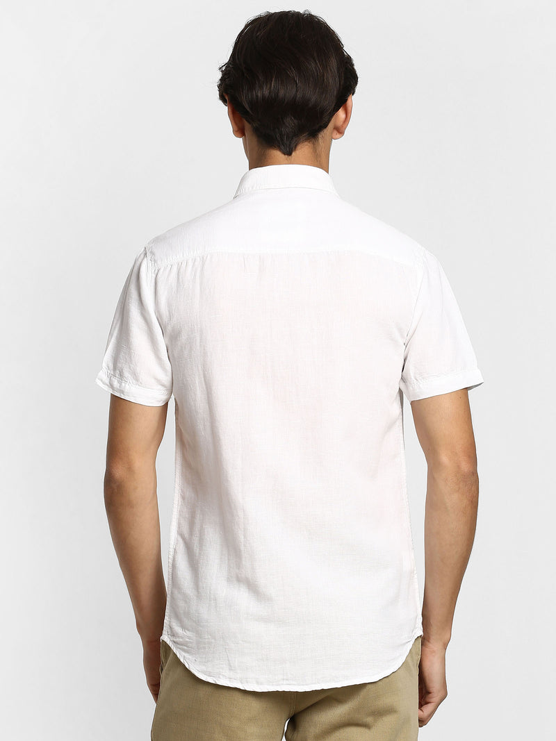 White Solid Linen Casual Shirt
