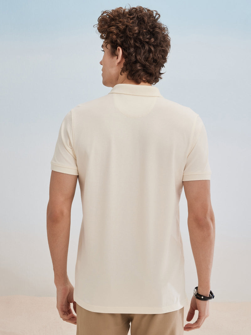 Cream Solid Stretch Polo T-Shirt