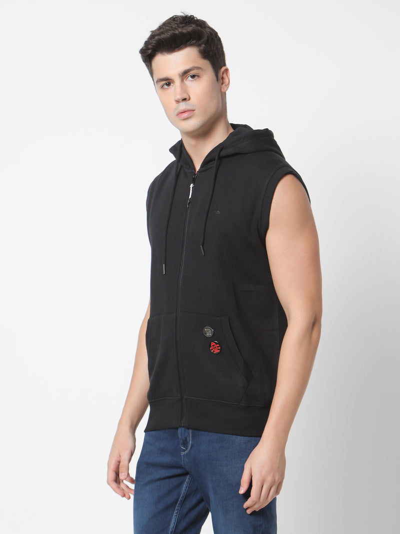 Black Solid Hooded Sleeveless Sweatshirt