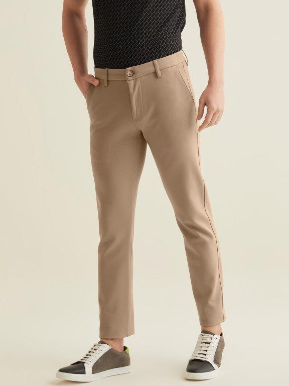 Beige Solid 4-Way Stretch Ultra Slim Fit Trouser