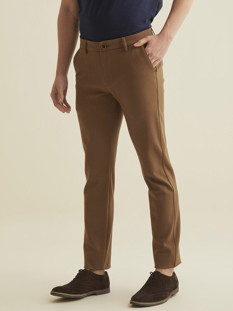 Brown Solid 4-Way Stretch Ultra Slim Fit Trouser