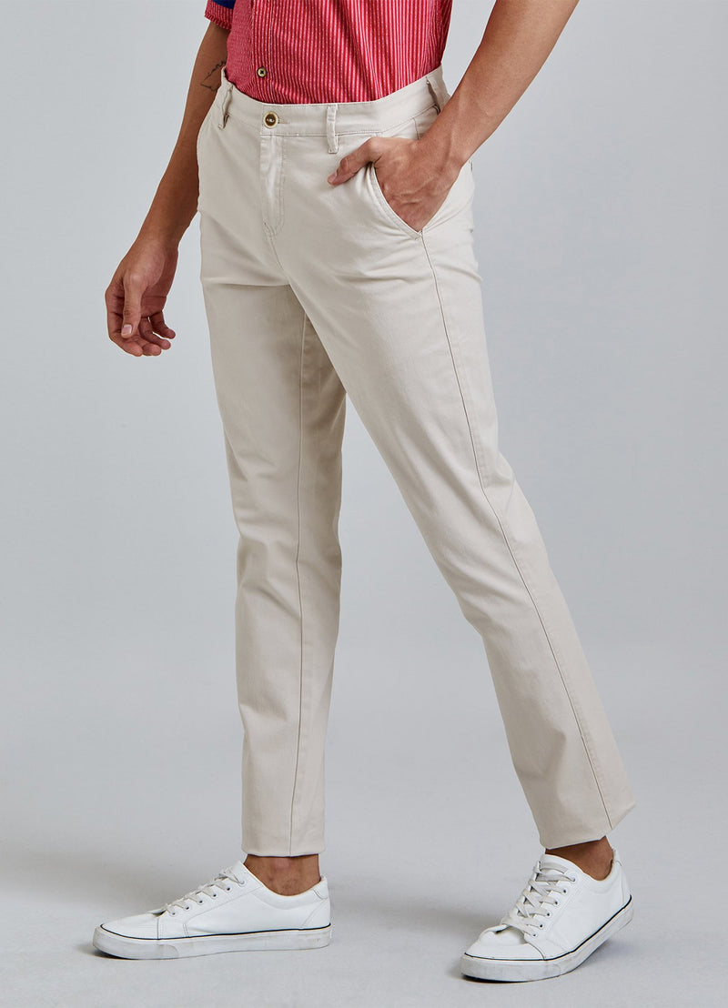 Cream Solid Stretch Slim Fit Trouser
