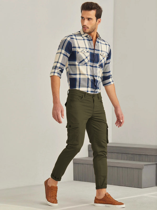 Olive Green Solid Stretch Cargo Trouser