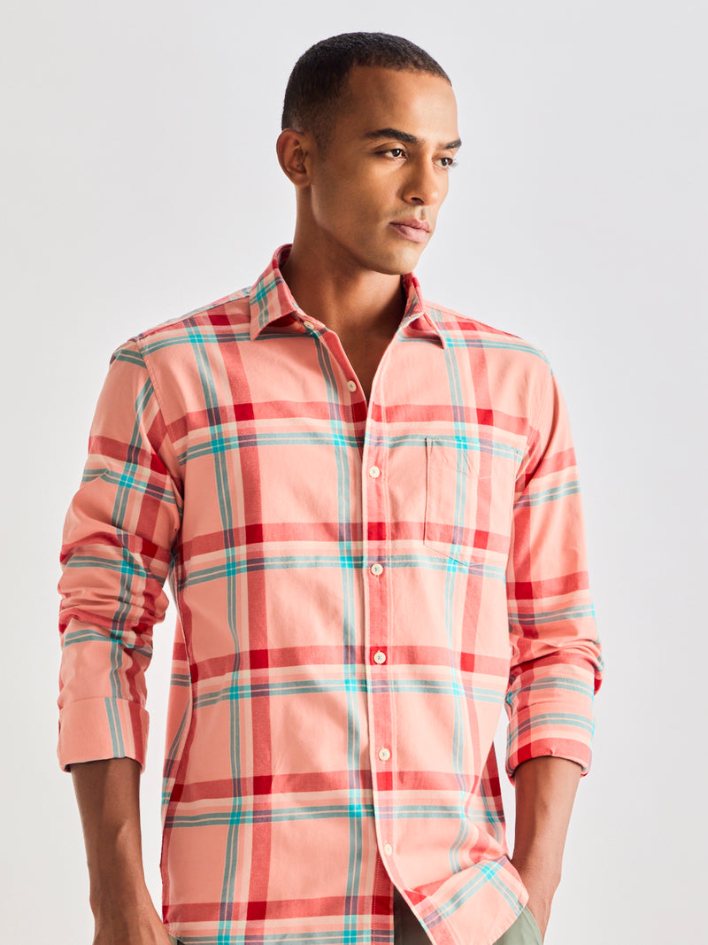 Red Pure Cotton Checked Shirt