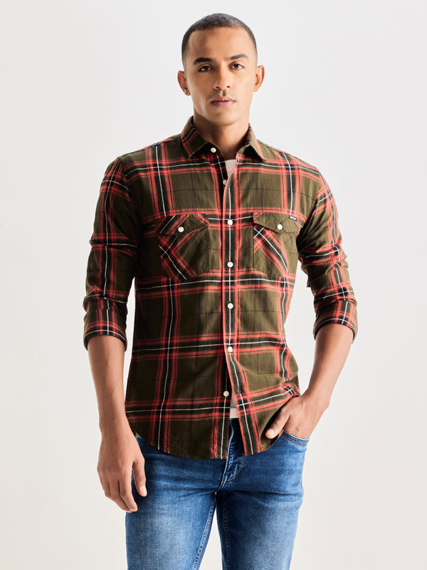 Olive Pure Cotton Checked Shirt
