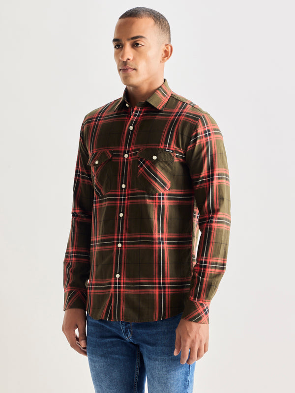 Olive Pure Cotton Checked Shirt