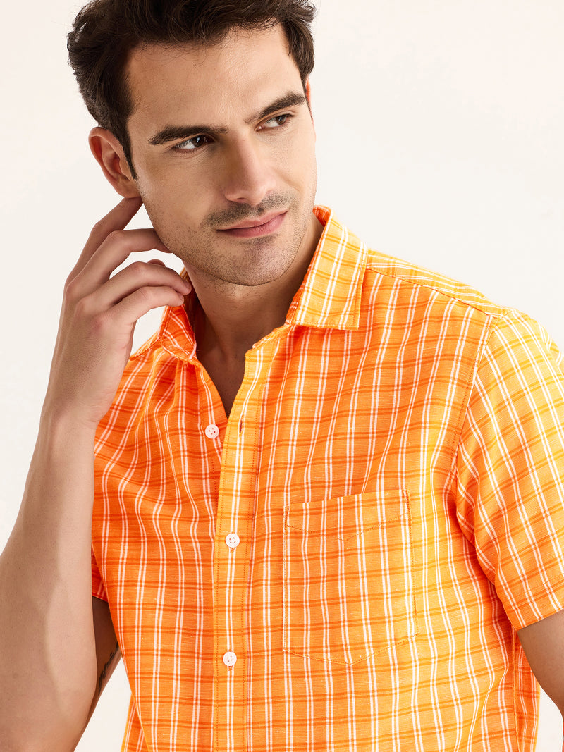 Orange Checked Linen Shirt