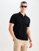 Black Mercerised Cotton Zip Polo T-Shirt