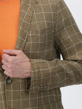 Khaki Checked Linen Casual Blazer