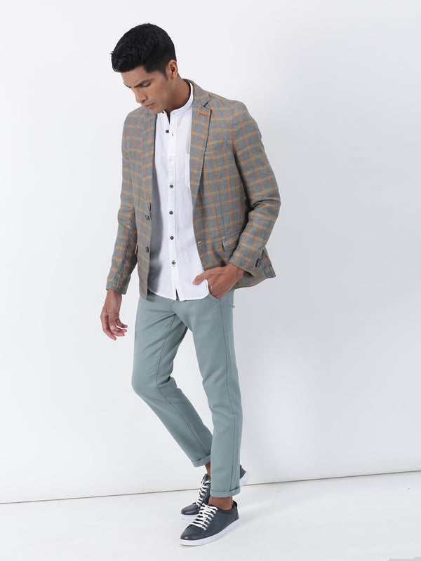 Grey Checked Linen Casual Blazer