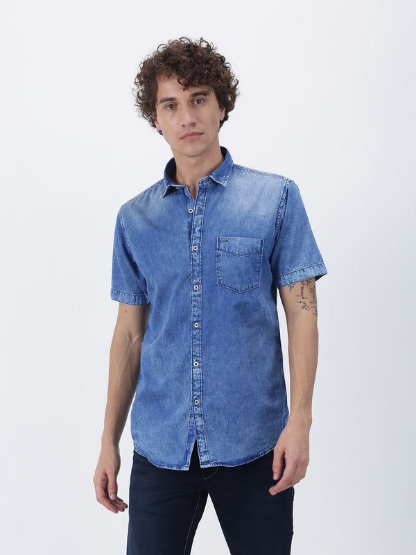 Blue Denim Plain  Casual Shirt