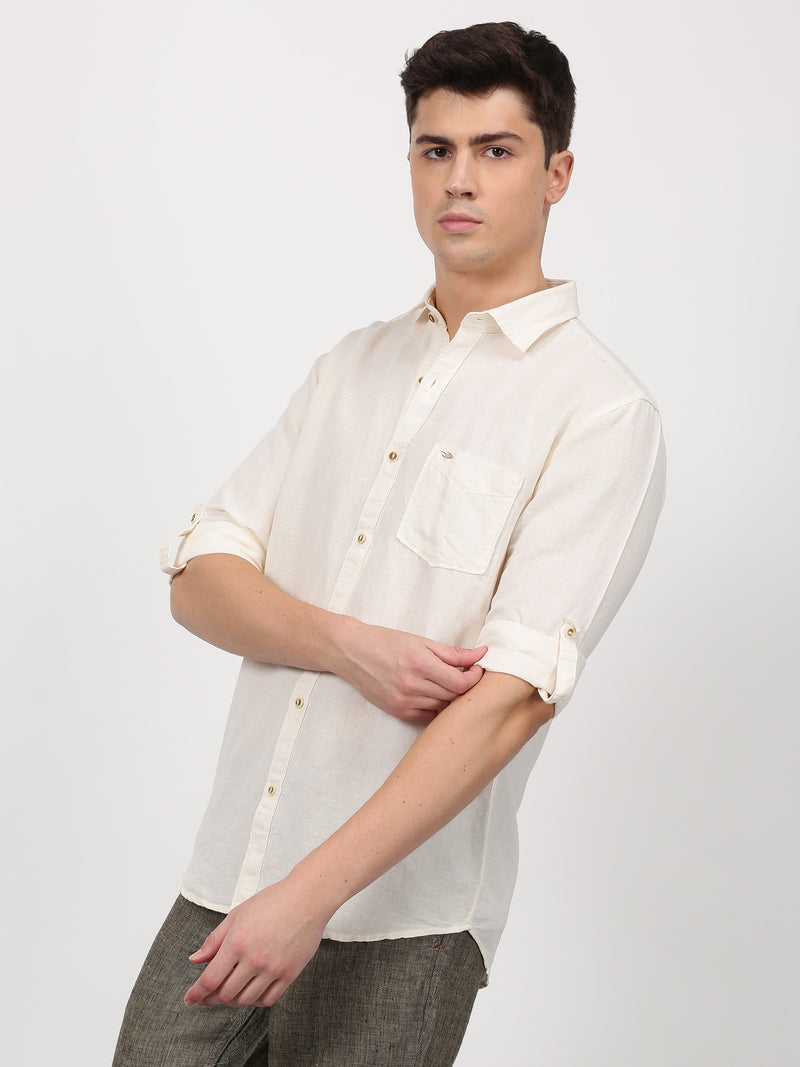 Cream Solid Long Sleeve Casual Shirt