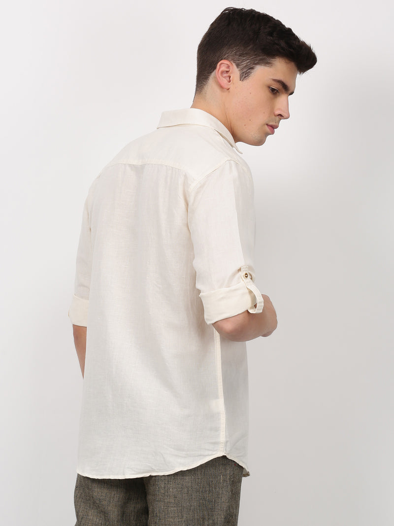 Cream Plain Long Sleeve Casual Shirt