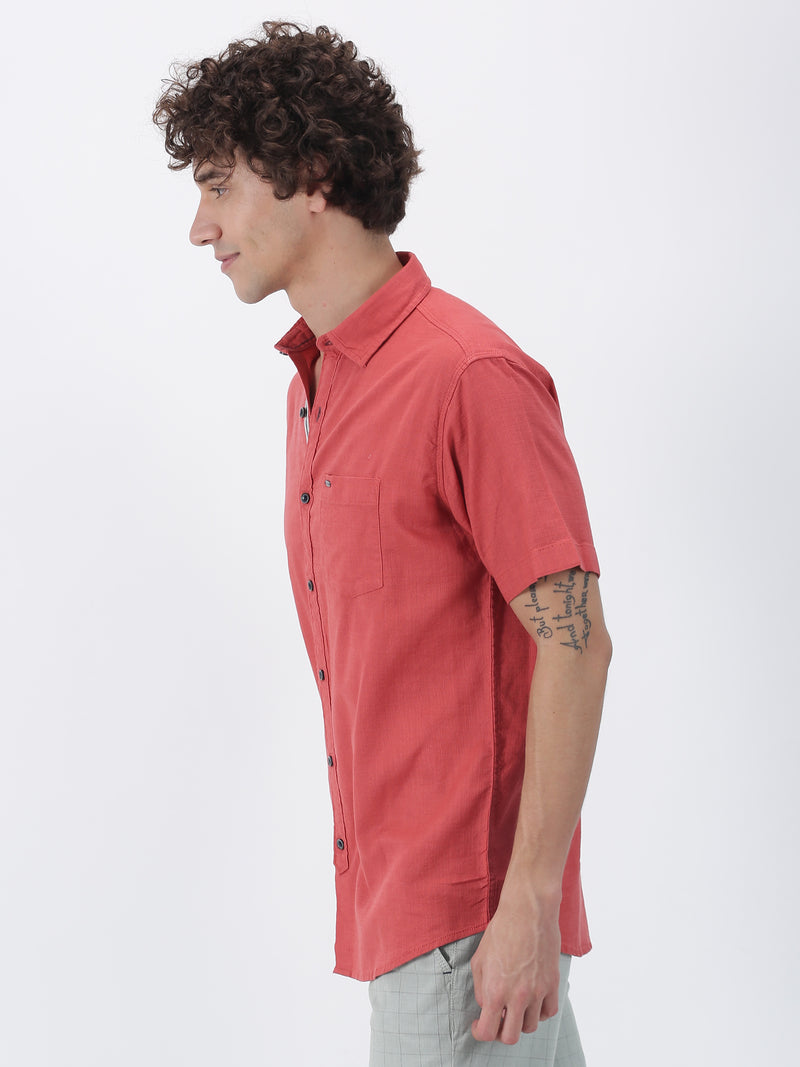 Dk Red Solid Short Sleeve Casual Shirt