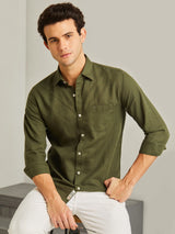 Dark Green Solid Linen Shirt