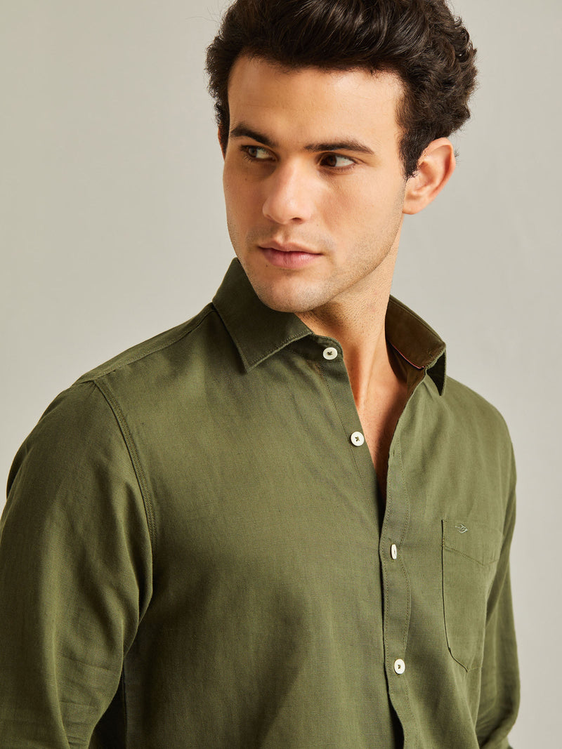 Dark Green Solid Linen Shirt