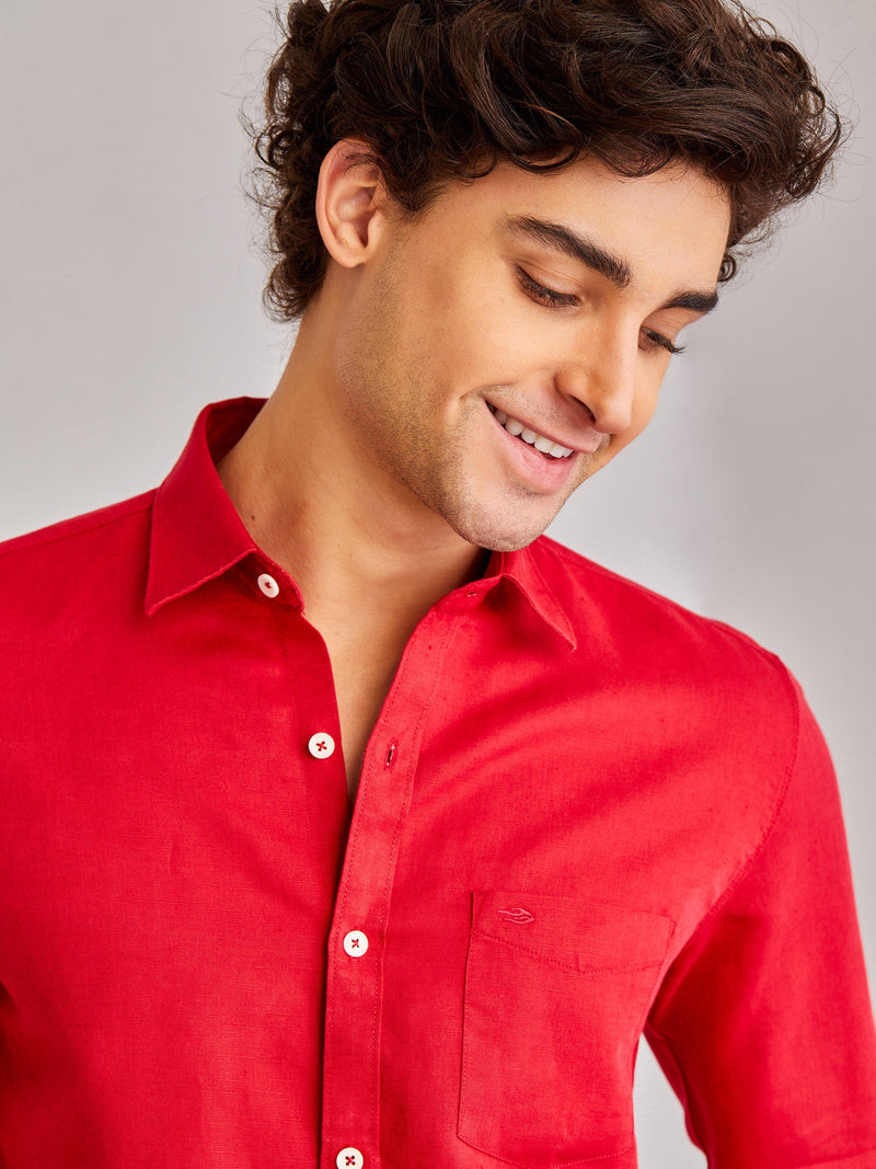 Dark Red Solid Linen Shirt