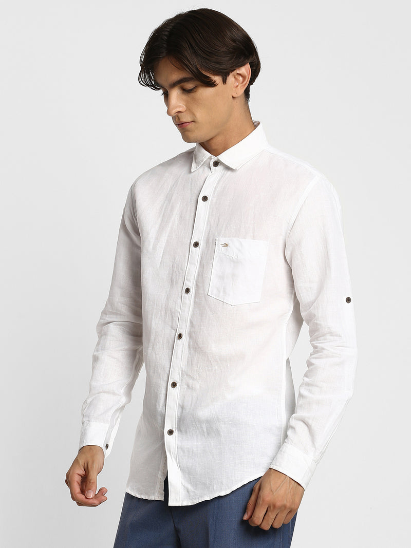 White Solid Linen Casual Shirt