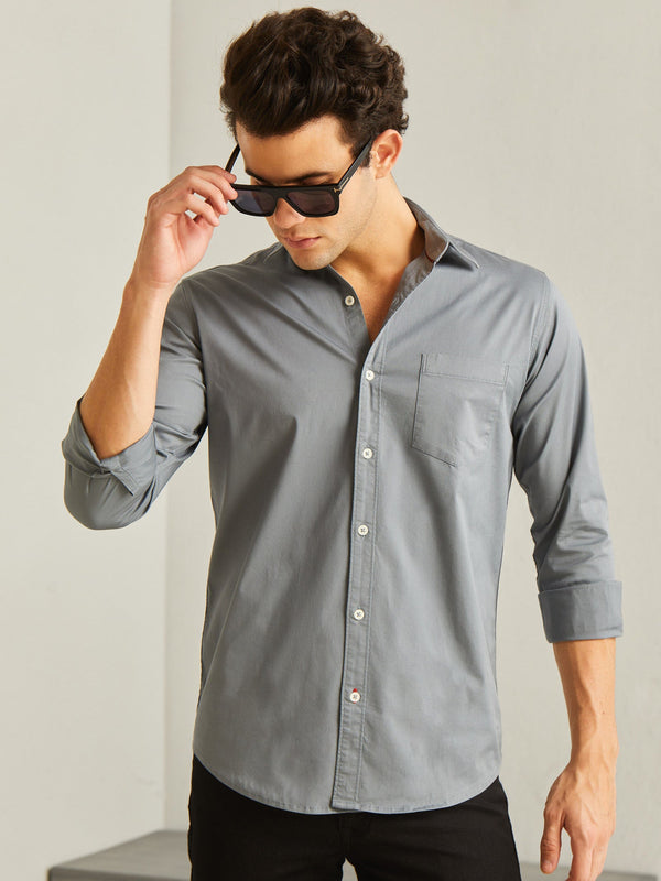 Grey Solid Stretch Twill Shirt