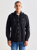 Black Hooded Denim Shirt