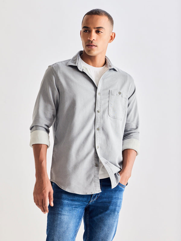 fcity.in - Mens Blue Full Sleeve Mandarin Collar Button Denim Shirt / Comfy