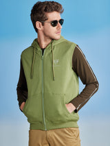 Green Fleece Sleeve Less Hooded Sweatshirt