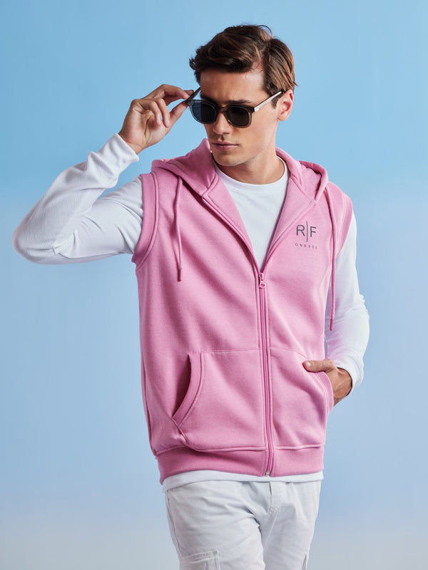 Pink Fleece Sleeve Less Hooded Sweatshirt