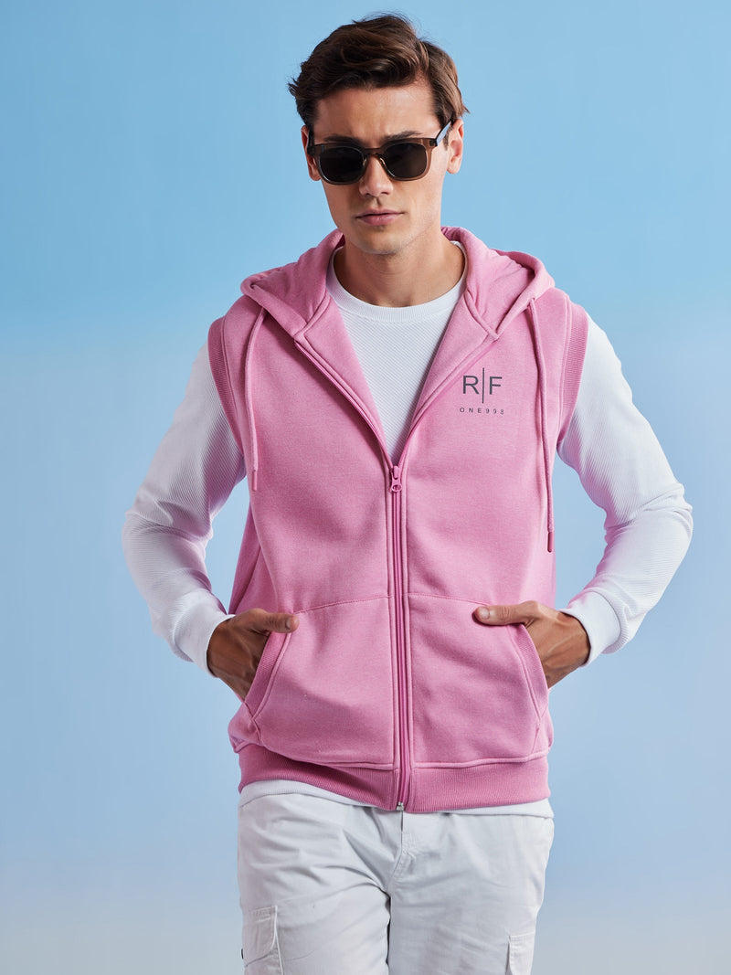 Pink Fleece Sleeve Less Hooded Sweatshirt