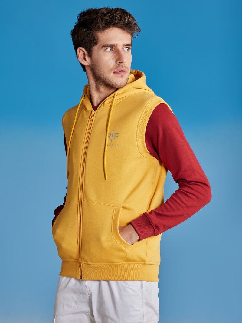 Yellow Fleece Sleeve Less Hooded Sweatshirt