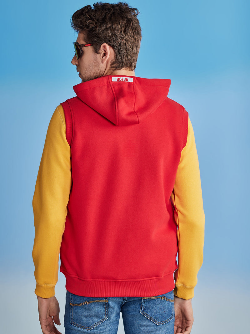 Red Fleece Sleeve Less Hooded Sweatshirt