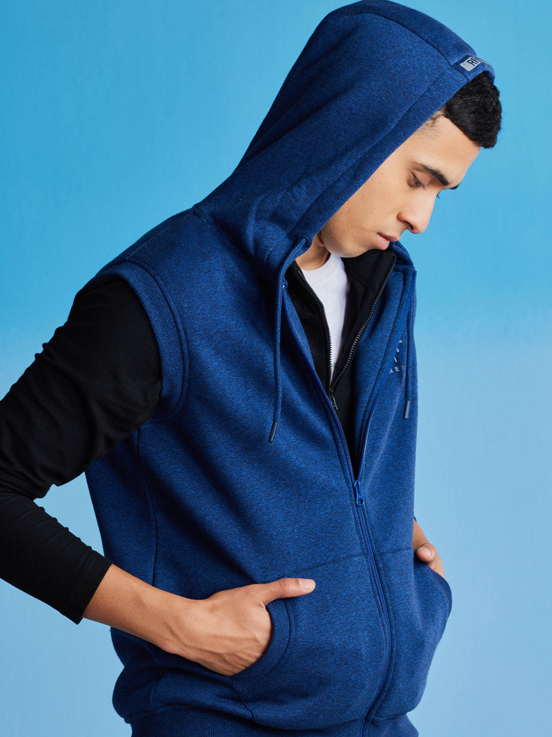 Blue Fleece Sleeve Less Hooded Sweatshirt