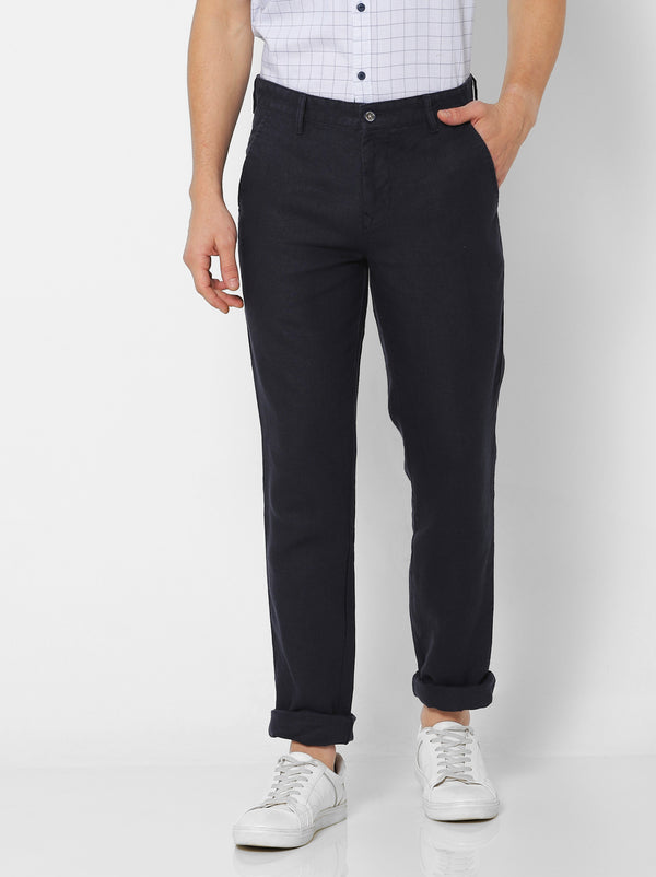 Navy Linens Solid Slim Fit Trouser