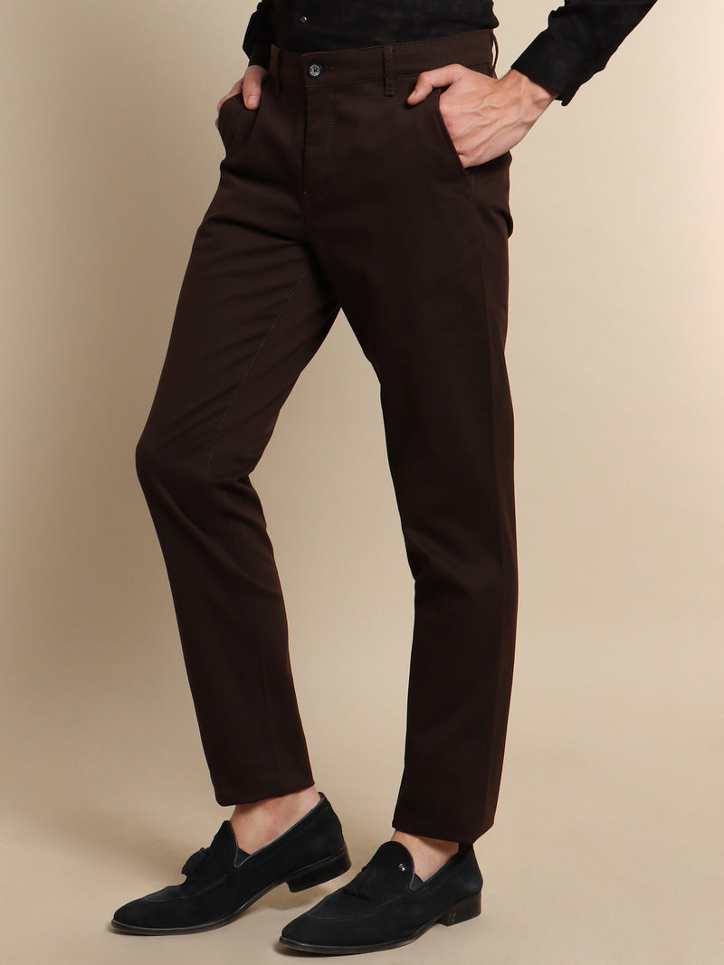 Brown Solid Stretch Trouser