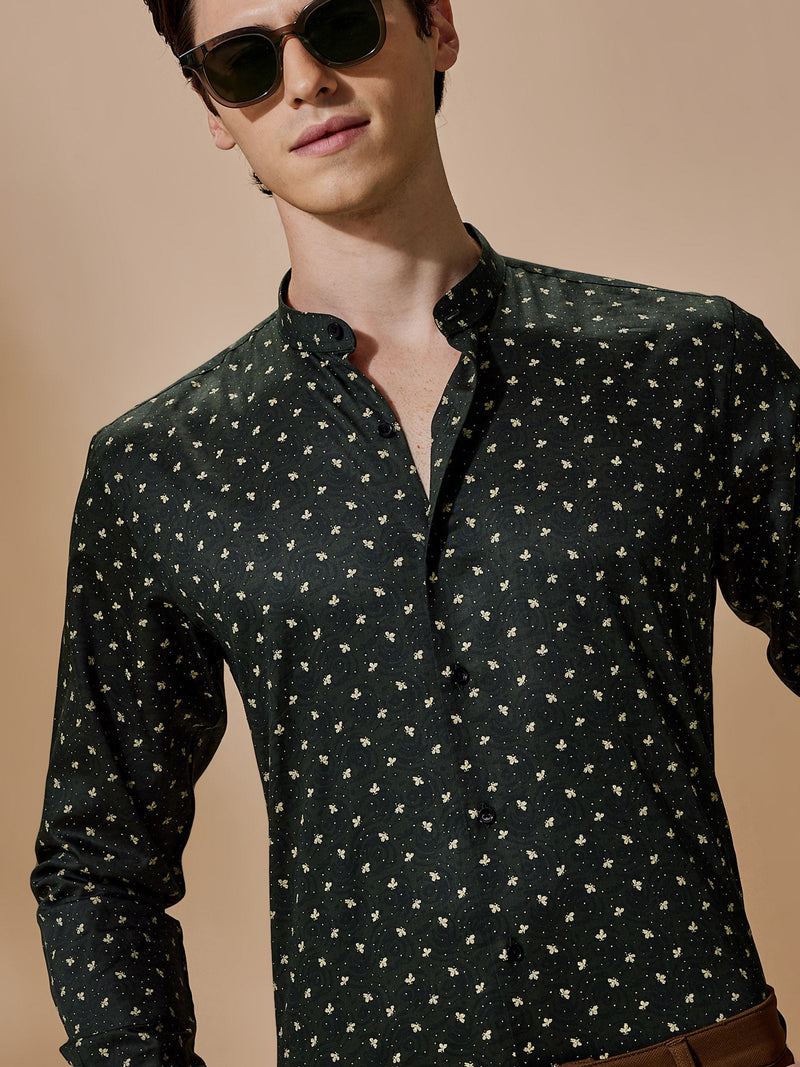 Olive Printed Party Wear Shirt
