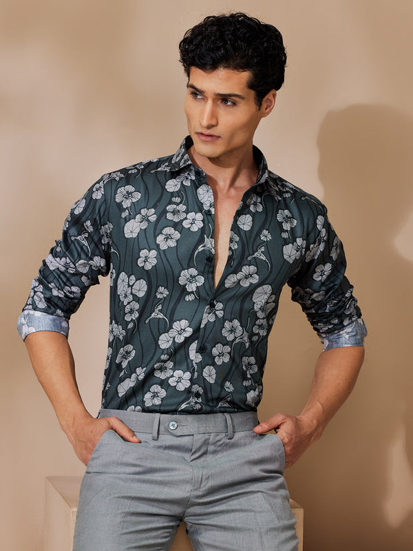Grey Party Wear Shirt for Men  Full Sleeve Printed  100 Cotton Slim Fit   Wyre  JadeBlue Lifestyle