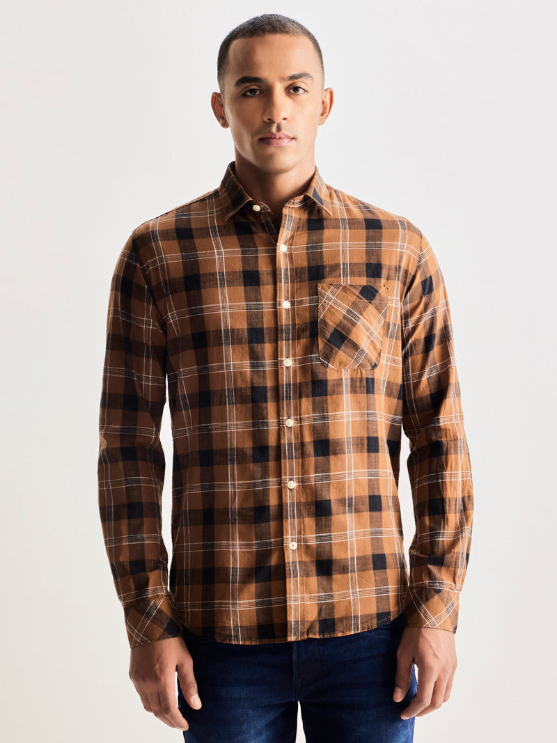 Brown Pure Cotton Checked Shirt