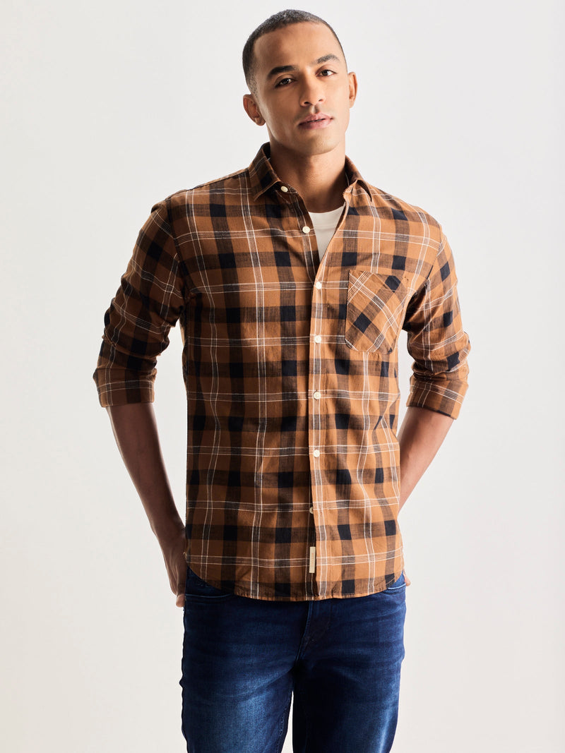 Brown Pure Cotton Checked Shirt