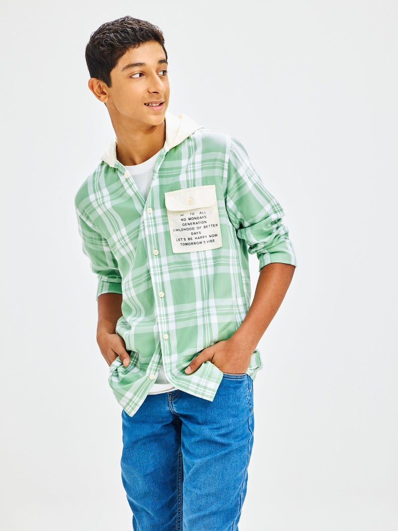 Green Pure Cotton Hooded Shirt