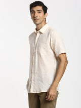 Cream Solid Linen Party Wear Shirt