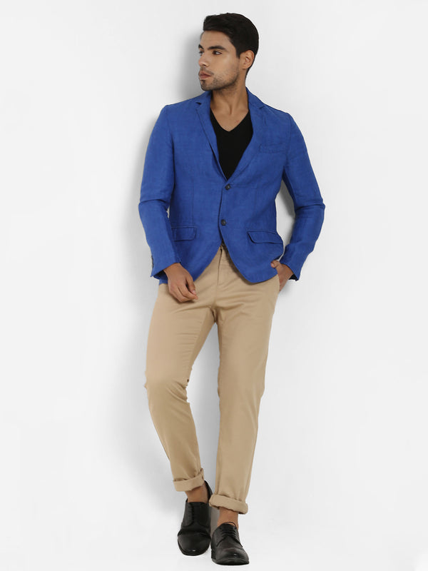 Blue Solid Linen Blazer