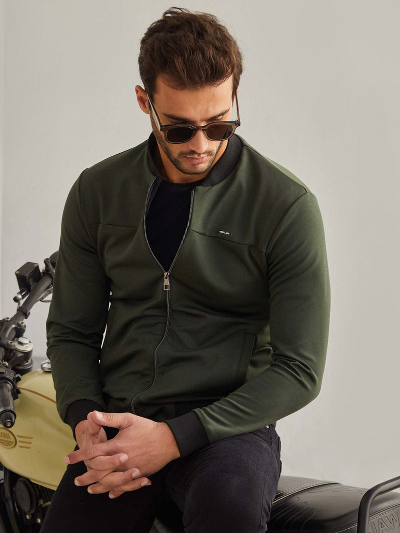Olive Solid 4-Way Stretch Bomber Jacket