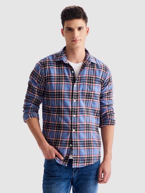 Blue Brushed Cotton Checked Shirt