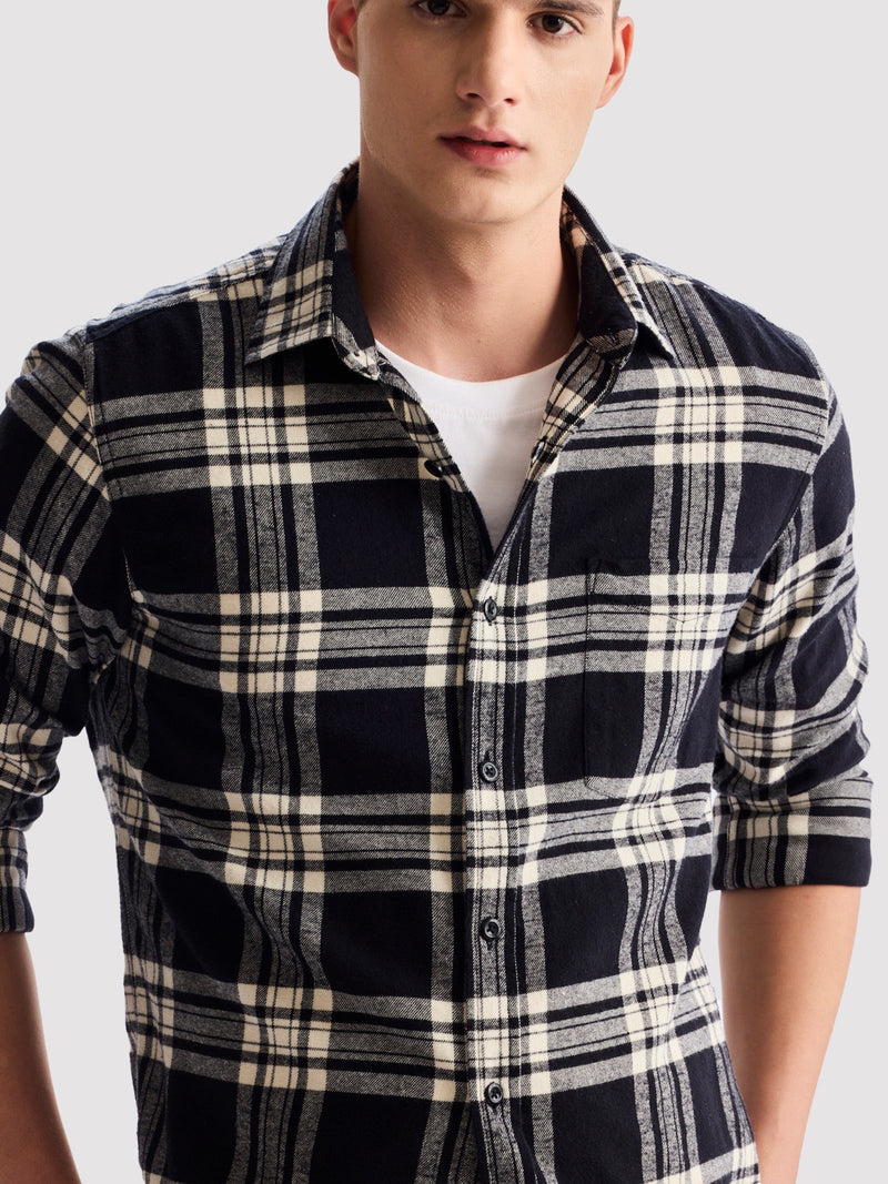Black Brushed Cotton Checked Shirt
