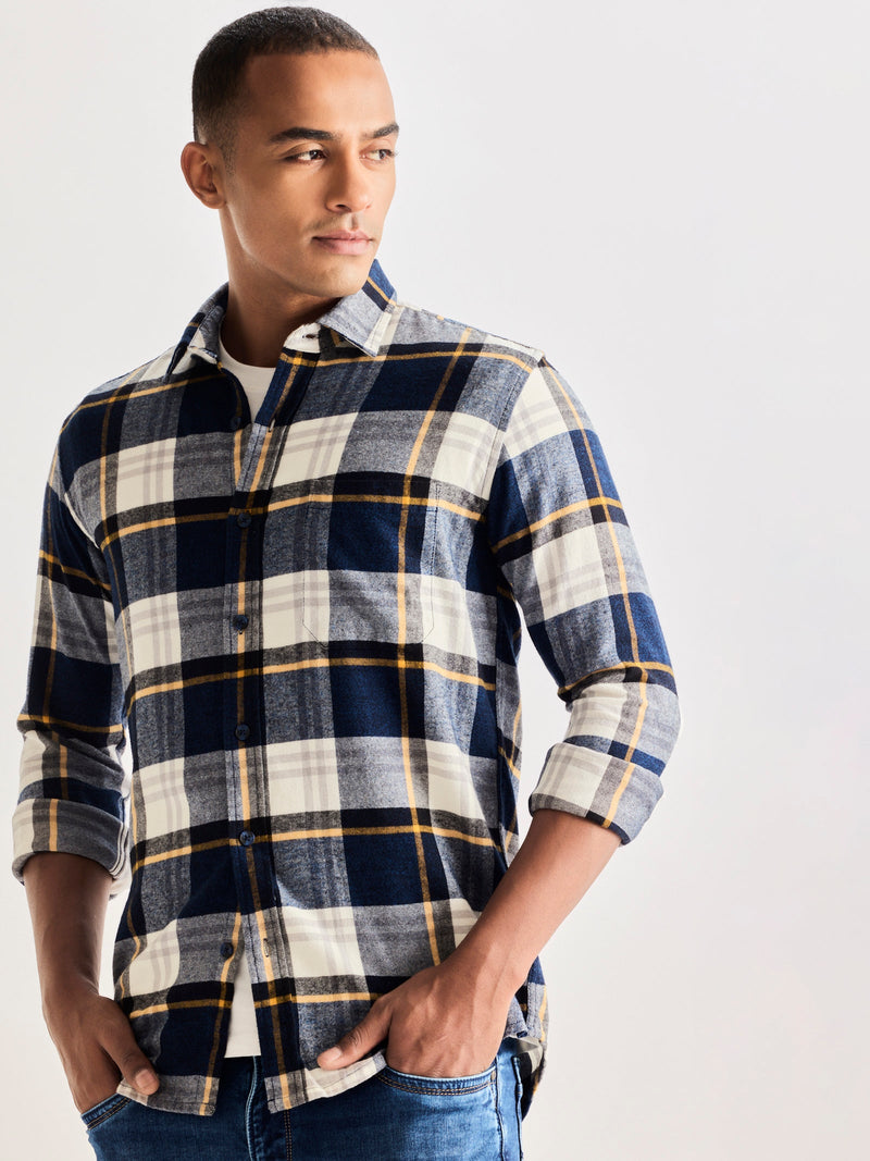 Navy Brushed Cotton Checked Shirt