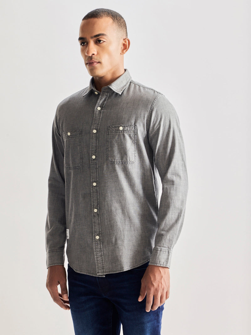 Grey Solid Denim Shirt