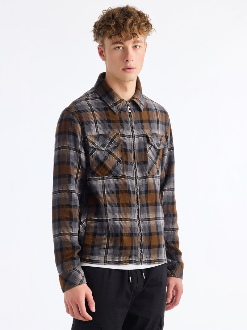 Brown Checked Pure Cotton Shacket