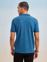 Blue Printed Stretch Polo T-Shirt